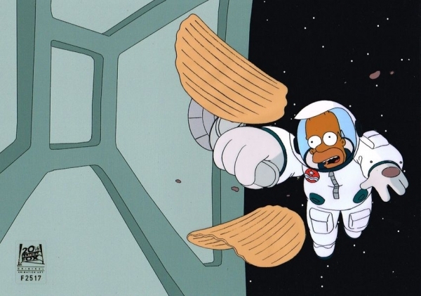 Homer Simpsons in space eating chips