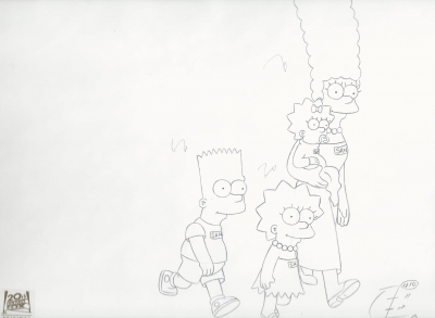 Marge Simpson with Maggie, Bart and Lisa walking