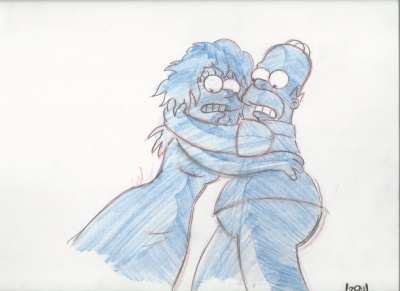 Homer and Marge Simpson embrace (blue shading) 