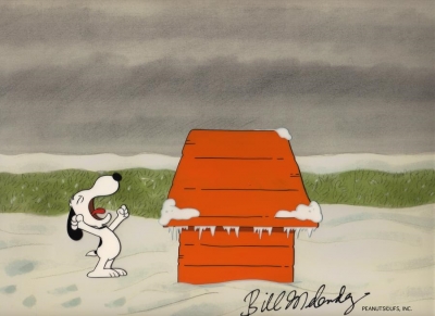 Snoopy yawning at his dog house