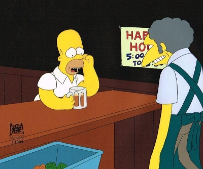 Homer Simpson and Moe at bar pondering