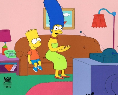 Marge Simpson sitting with Bart Simpson on couch