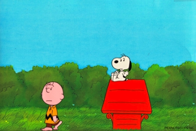 Snoopy and Charlie Brown walk away