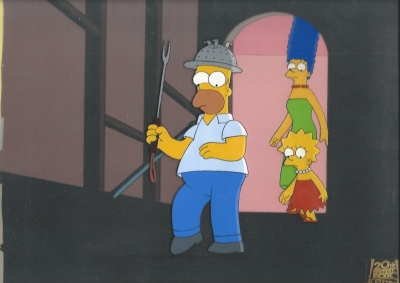 Homer Simpson, Marge and Lisa walking downstairs